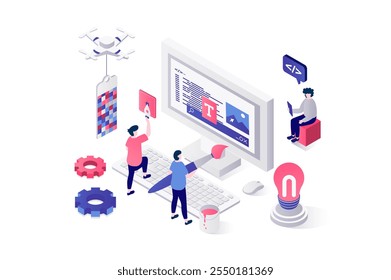 Web design 3d isometric concept in geometry graphic design. People creating webpage wireframe template, filling page with content, engineering and coding interface at screen. Vector illustration.