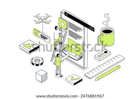 Web design 3d isometric concept in outline isometry design for web. People creating pages layouts, placing content blocks, programming and coding homepages for mobile phone. Vector illustration.