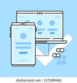 Web design, adaptive layout, UX, UI and app development. Outline style concept, illustration.