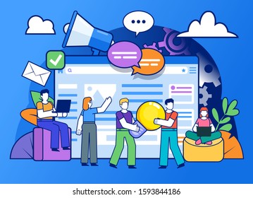 Web design agency, team. Group of people stand near big web page. Poster for social media, web page, banner, presentation. Flat design vector illustration