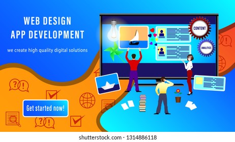 Web Design App Development banner. People install site windows on the monitor screen. Realistic 3D vector illustration