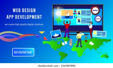 Web Design App Development banner. People install site windows on the monitor screen. Paper airplanes with colorful traces and a map of the world. Realistic 3D vector illustration