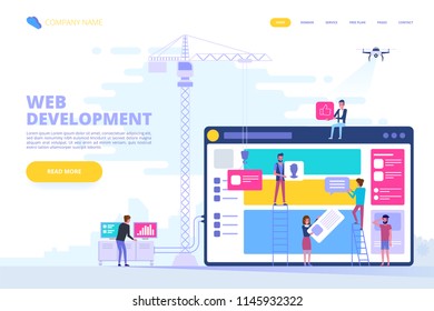 Web design and app development concept with computer and young people team. Flat style vector illustration