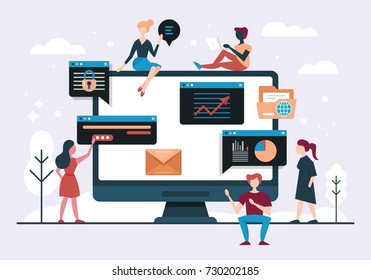 Web design and app development concept with computer and young people team. Flat style vector illustration