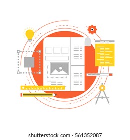 Web design and application development with API interface flat vector illustration. Content management, graphic design, software API prototyping and testing concepts for web banners and apps 
