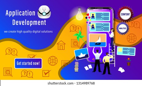 Web Design Application  Development banner. People Designers install site windows on the smartphone screen. Realistic 3D vector illustration