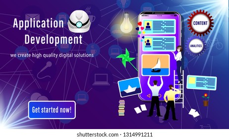 Web Design Application  Development banner. People Designers install site windows on the smartphone screen. Realistic 3D vector illustration