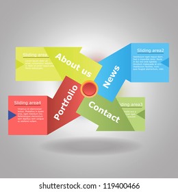 Web design with areas sliding from arrow-shaped menu items