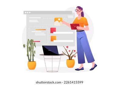 Diseño web Concepto asiático con escena popular en el diseño de dibujos animados planos. Un diseñador creativo elige imágenes y fotos para un nuevo sitio web. Ilustración vectorial.