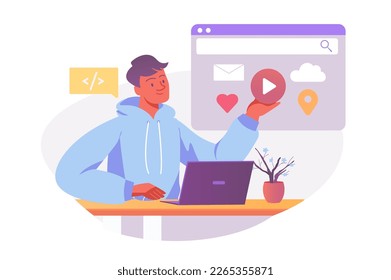 Web design Asian concept with people scene in the flat cartoon style. Designer creates content for new web sites. Vector illustration.