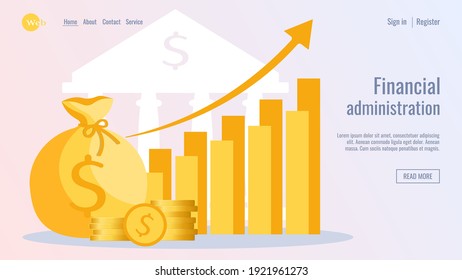 Web design. Bag with money, gold coins, graphic up. Bank, budget, finance, savings concept. Vector illustration for flyer, poster, banner, advertising, website development. 