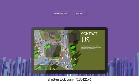 web design banner with city scape and computer display with city map