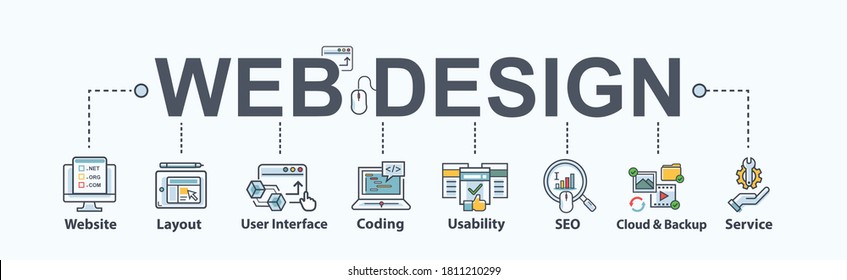 Web design banner web icon for business and e-commerce, website, SEO, layout, usability, UI, coding, developer, cloud, support and service. Minimal flat vector infographic.