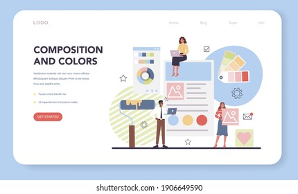 Web design web banner or landing page. Presenting content on web pages. Website composition and color development. Idea of computer technology. Flat vector illustration