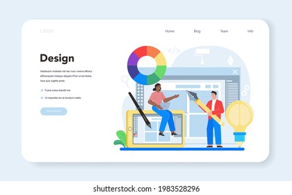 Web design web banner or landing page. Presenting content on web pages. Website layout, composition and color development. Idea of computer technology. Flat vector illustration