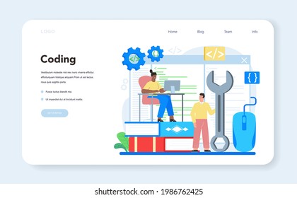 Web design web banner or landing page. Presenting content on web pages. Website layout, composition and color development. Idea of computer technology. Flat vector illustration
