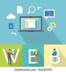 Web design banner. People with laptops standing near letters. Laptop on blue background with design pictograms. Website development project, mobile and desktop website design development process