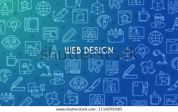 Web Design banner. Design template with thin\
line icons on theme creativity, interface, business and startup.\
Vector illustration