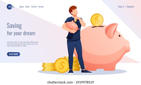 Diseño web. Big piggy bank, man está poniendo moneda en un banco de cerdos, pila de monedas de oro. Banco, presupuesto, finanzas, concepto de ahorro de dinero. Ilustración vectorial para volante, afiche, banner, desarrollo de sitios web. 