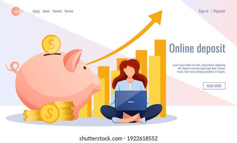 Web design. Big piggy bank, woman with laptop, graph up, stack of gold coins. Bank, budget, finance, money savings concept. Vector illustration for flyer, poster, banner, website development. 