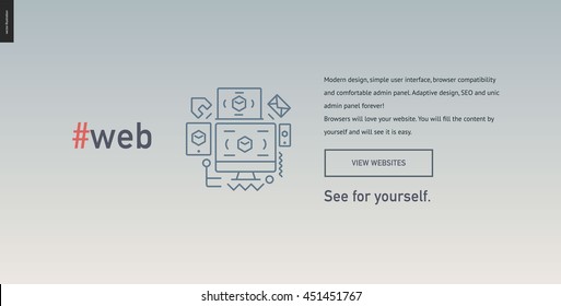 Web design block website template - contemporary flat vector icon of web design development and a corresponding text and button layout on gradient light grey background, on design studio website