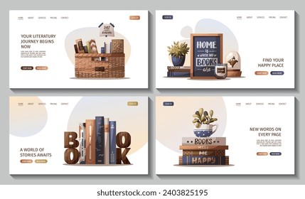 Web design with books, potted plants and bookish poster. Bookstore, bookshop, book lover, reading, library concept. Vector illustration for website, banner, promo.