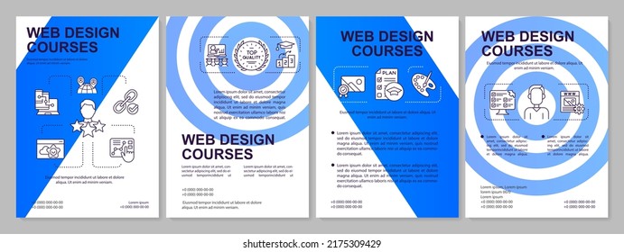 Web design classes blue brochure template. Technical skills. Leaflet design with linear icons. Editable 4 vector layouts for presentation, annual reports. Arial, Myriad Pro-Regular fonts used