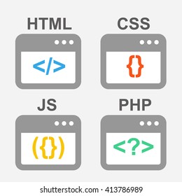 Web design, coding and programming flat vector icons set: PHP, HTML, CSS, JS, javascript.