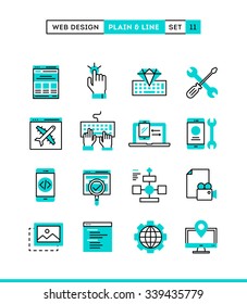 Web design, coding, responsive, app development and more. Plain and line icons set, flat design, vector illustration
