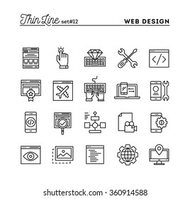 Web Design, Coding, Responsive, App Development And More, Thin Line Icons Set, Vector Illustration