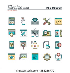 Web design, coding, responsive, app development and more, thin line color icons set, vector illustration