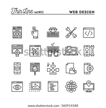 Web design, coding, responsive, app development and more, thin line icons set, vector illustration