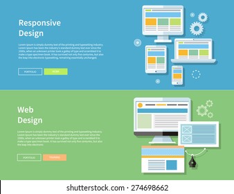 Web design. Computer monitor with screen of web sites program for design and architecture in flat design. Responsive web design concept. Concept for web and mobile applications of adaptive web design