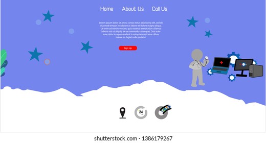 web design for computer service, verified, stay in location, 24 hours service, mobile app. Flat vector illustration and all homemade from Ai