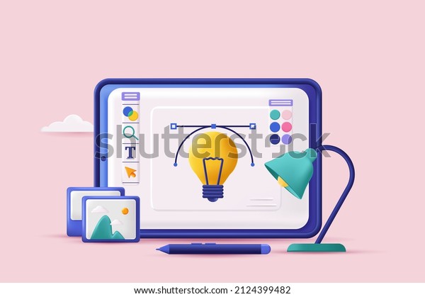 Web design concept 3D illustration. Icon\
composition with program interface for drawing graphic elements for\
site layout. Professional software for designer. Vector\
illustration for modern web\
design