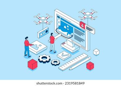 Web design concept in 3d isometric design. People creating pages layouts with content, making banners and homepages, programming and coding. Vector illustration with isometry scene for web graphic