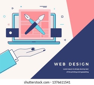Web Design Concept. Businessman Hand Holding Laptop with Webpage Design. Flat Line Art. Vector Illustration