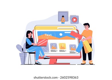 Web design concept with cartoon people design. Man and woman programming and creating site layout with content organization, elements placement. Flat vector illustration isolated on white background.