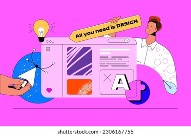 Web design concept with character scene. Designer finding creative solutions for sites layout and application interfaces. People situation in flat design. Vector illustration for marketing material.