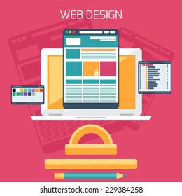 Web design concept. Computer monitor with the screen of the program for design and architecture in flat design. Set for web and mobile applications of web design