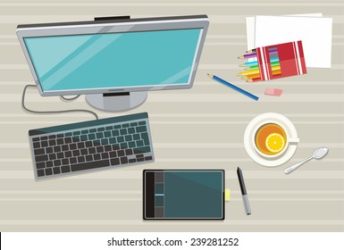 Web design concept. Computer monitor with icons for design and architecture on table in flat design. Set for web and mobile applications of web design