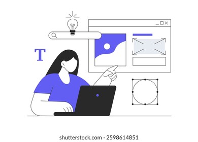 Web design concept. Designer prototyping a new web site project, landing page or application from different digital elements. Flat Cartoon Vector Illustration, icon. Stylish abstract design for websit