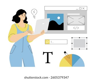Web design concept. Designer prototyping a new web site project, landing page or application from different digital elements. Vector illustration on isolated white background.	
