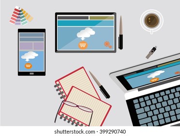 Web design concept desk and cloud shopping for e-commerce-illustration