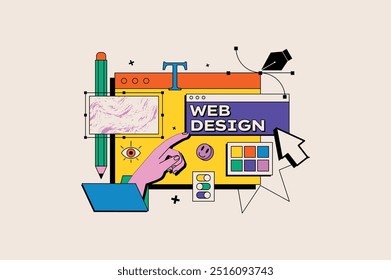 Conceito de web design no estilo de desenho animado plano. Ilustração criativa colorida que representa o design da Web com diferentes ferramentas, como cursor, lápis, paleta de cores, ícones de mão, etc. Ilustração vetorial.