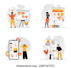 Web design concept with flat character set. Collection of scenes people working with page layouts, selecting colors and types, places graphic elements and buttons, creating code. Vector illustrations