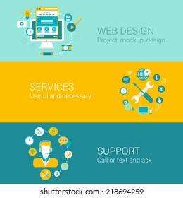 Web design concept flat icons set of project mockup interface usability services support and vector web illustration website click infographics elements collection