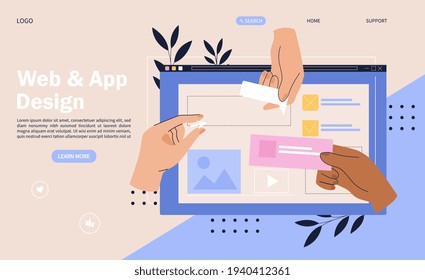 Web design concept with hands placing elements onto a digital device screen, flat cartoon colored vector illustration of a website landing page