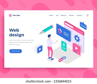 Web design concept, man interact with web site. Landing page template. 3d isometric vector illustration.