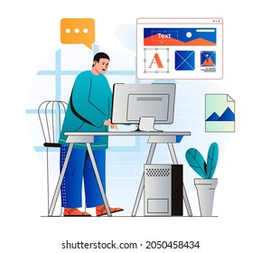 Web design concept in modern flat design. Man designer draws graphic elements and creates interface layout of mobile application, optimized webpage for screens, works on computer. Vector illustration